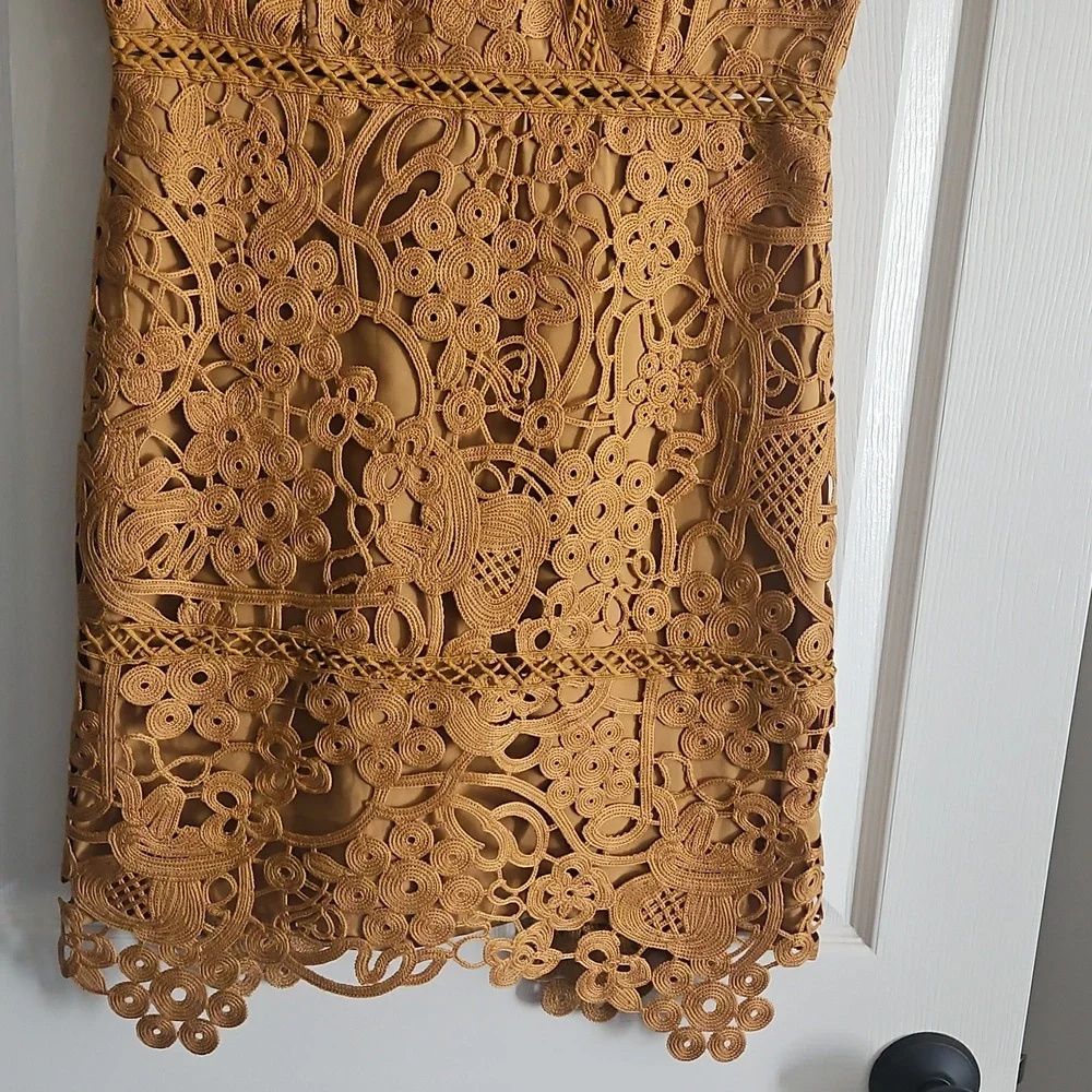 Adelyn Rae Lace V-neck Short Sleeve Sheath Mini Dress: Color- Mustard - Picture 6 of 11